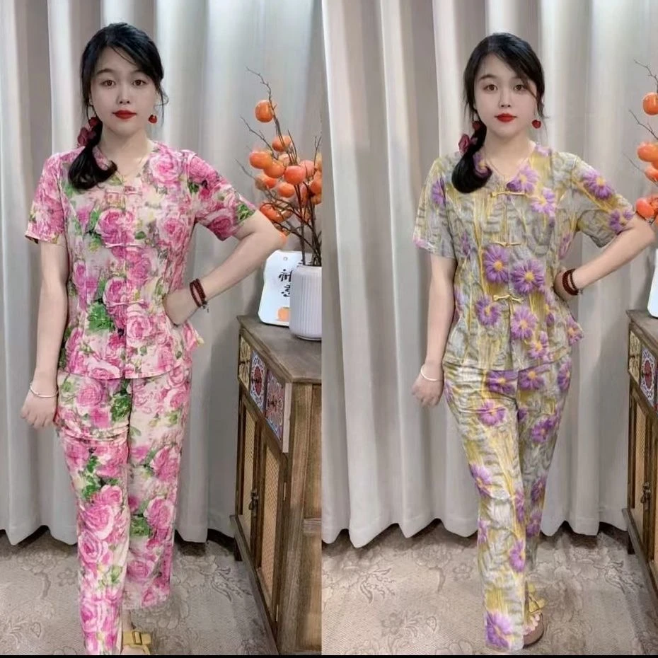 2025新款妈妈装中老年套装上衣+裤子女装夏装花色短袖百搭套装