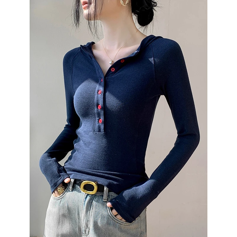 早秋流行穿搭连帽长袖T恤女2025新款爆款小衫修身显瘦打底衫上衣