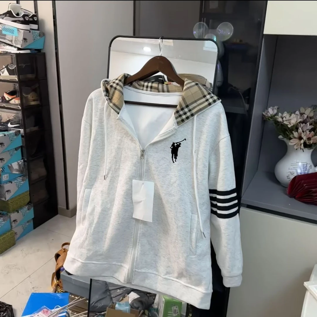 战马正肩外套四道杠刺绣卫衣外套网红港风慵懒小马连帽衫格子拼接
