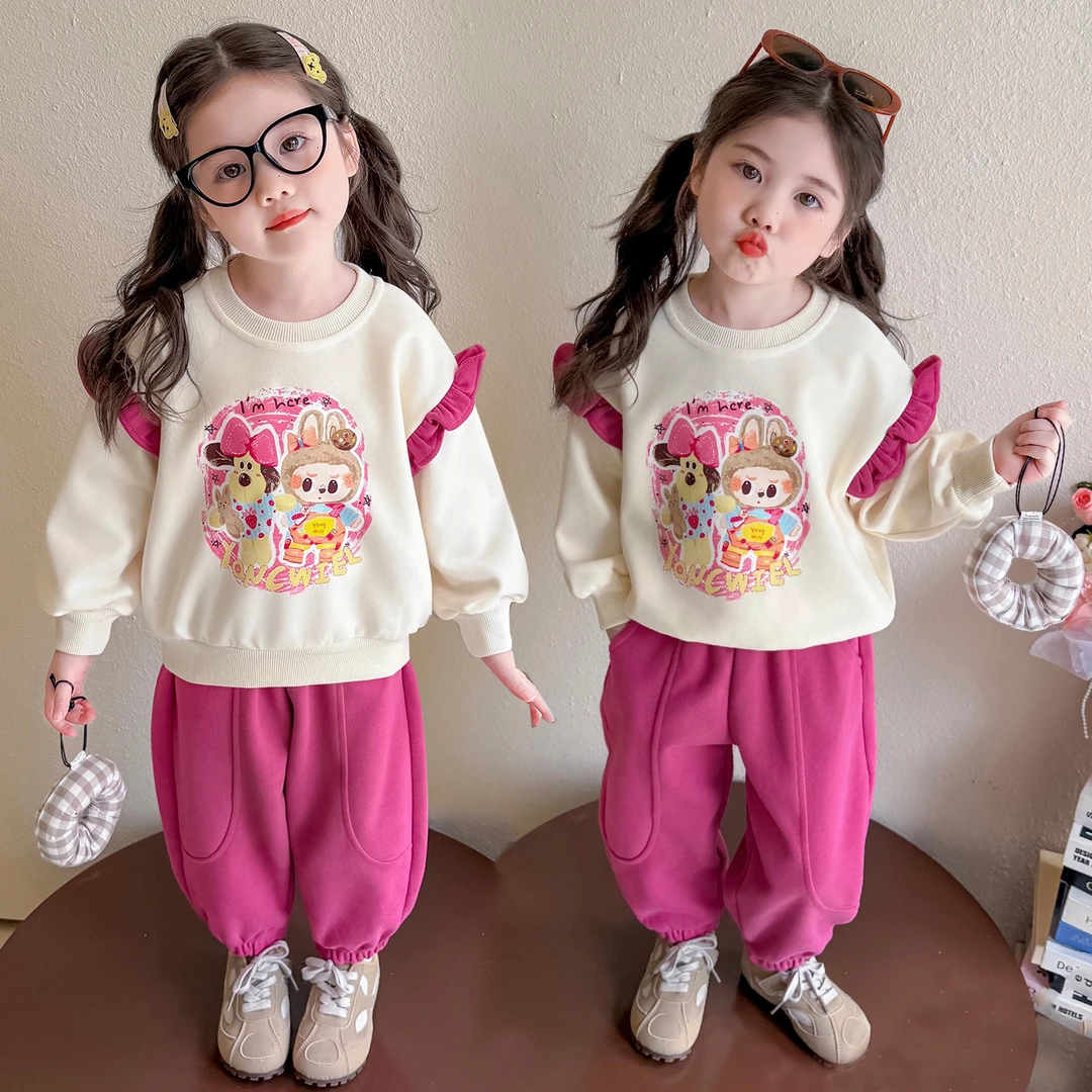 儿童秋季套装2025新款女童花边卫衣休闲洋气女宝宝春秋甜美两件套