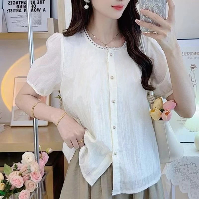 季念衬衫百搭上衣潮女夏季新款时尚短减龄圆领薄款衬衣开衫减龄