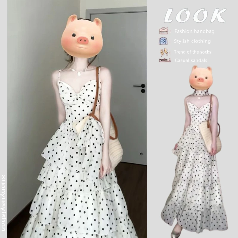 爆款裙子夏季女套装2025新款韩版荷叶边长款波点连衣裙