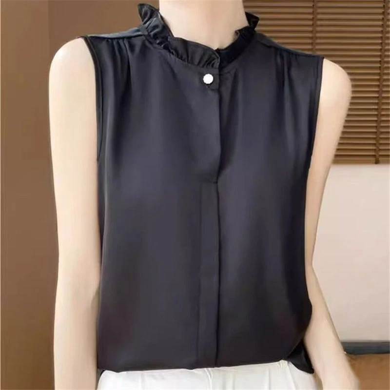 2025夏季新款法式无袖木耳领缎面荷叶衬衫上衣高级感背心女
