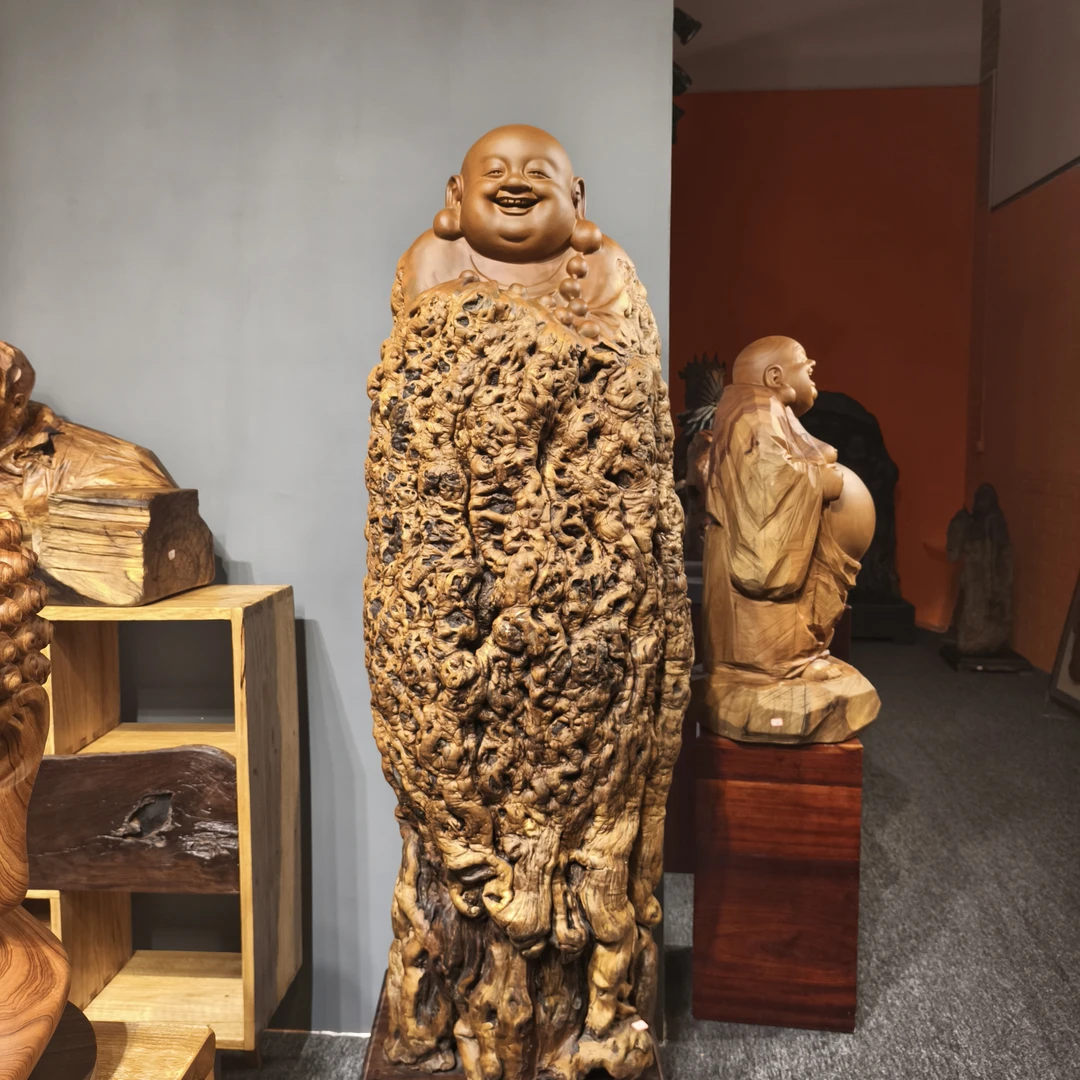 《百福 佛珠 弥勒》枣木 手工雕刻落地摆件  尺寸：64-67-203