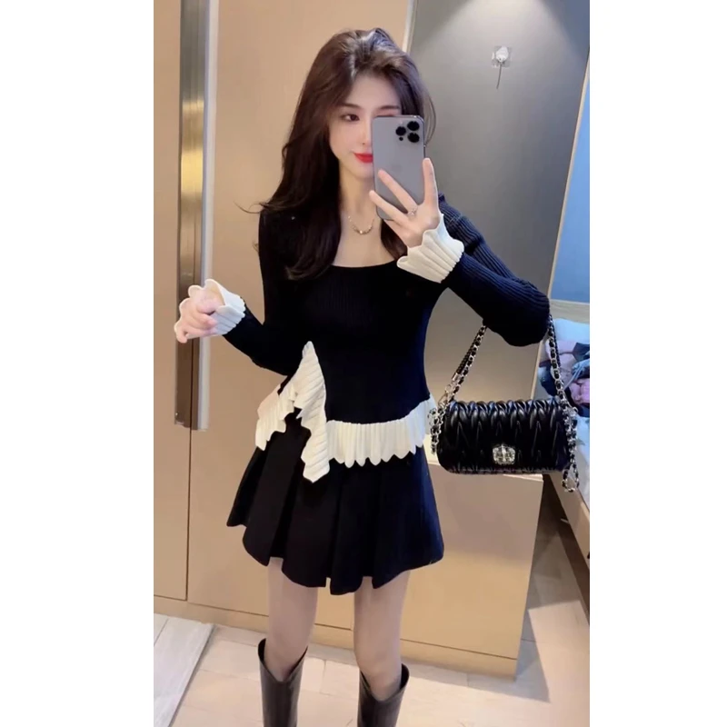 名媛风荷叶边撞色拼接针织衫毛呢百褶半身裙套装