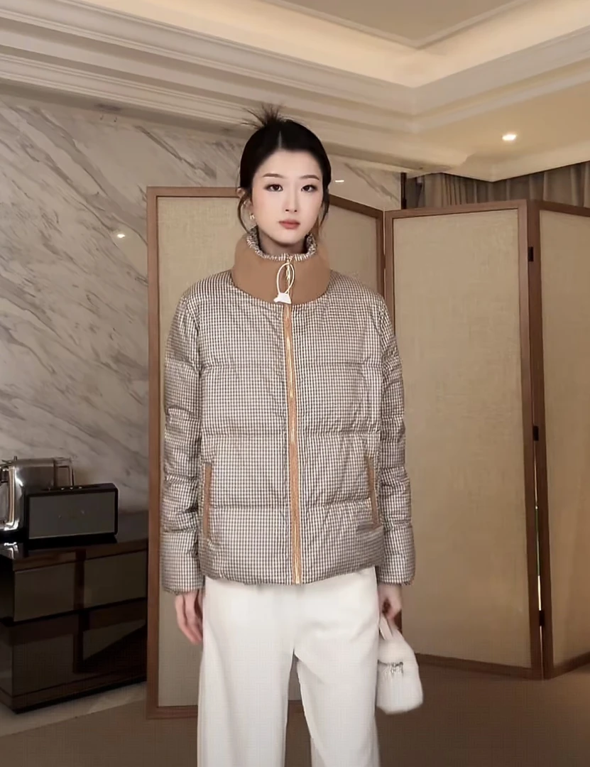 服外套女复古格子羽绒服拼接毛呢冬季保暖鹅绒