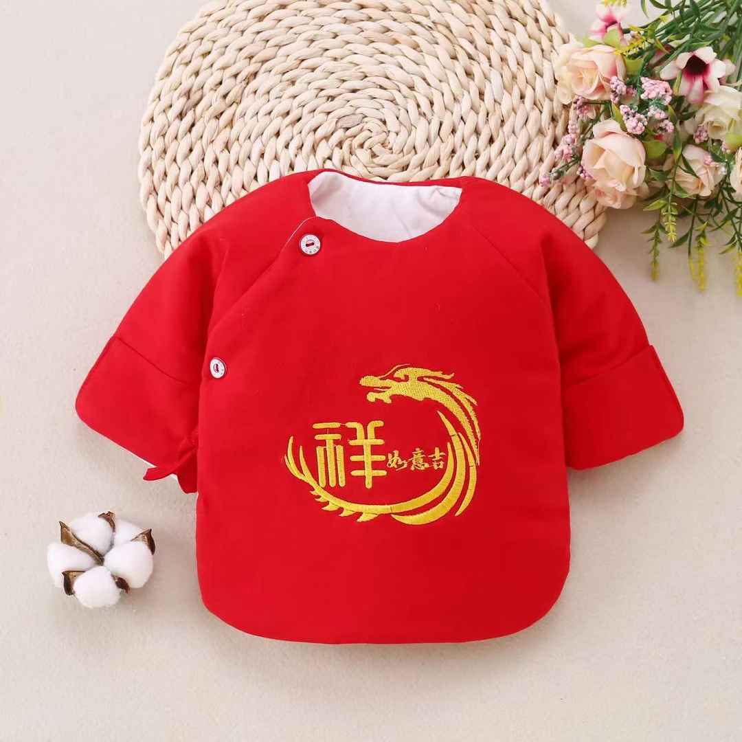 新生儿春秋款薄棉防抓半背衣放尿湿护胸护肚国风刺绣纯棉大红喜庆