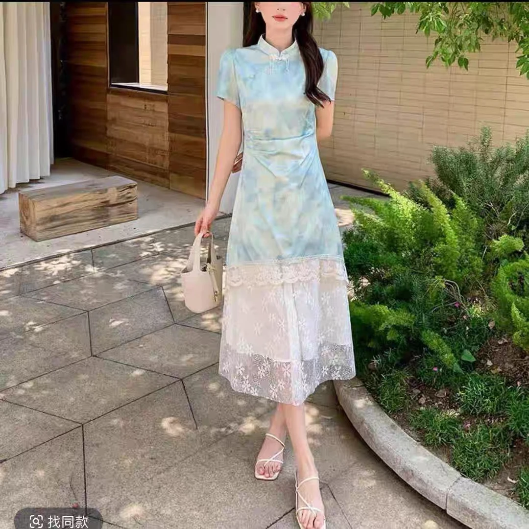 新中式国风立领蕾丝印花高级感拼接连衣裙A13462
