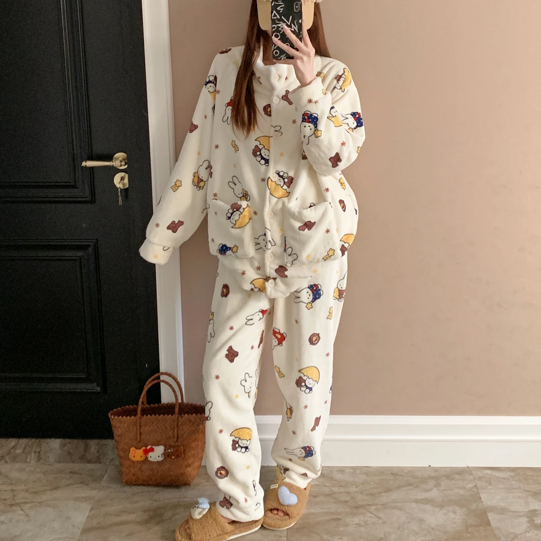 睡衣女秋冬季珊瑚绒大码加厚2025新款兔子套装法兰绒可外穿家居服