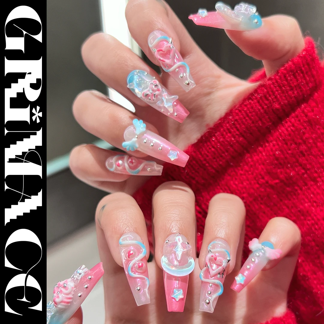【恋爱脑】怪相录纯手工穿戴美甲/冰蓝粉色爱心脑花甜甜的长梯长尖