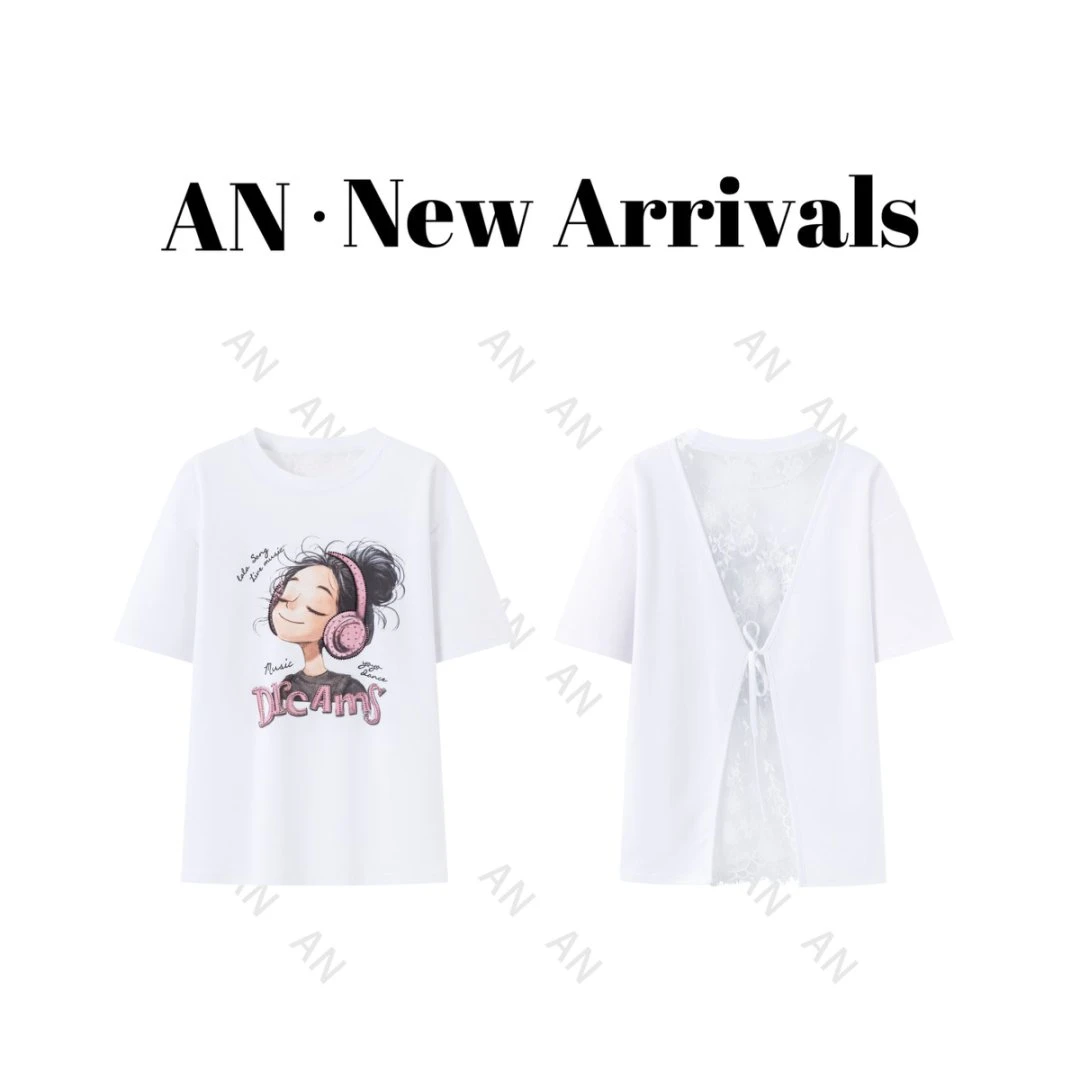 C05092时尚chic潮流宽松百搭耳机女孩后背蕾丝绑带字母短袖T恤