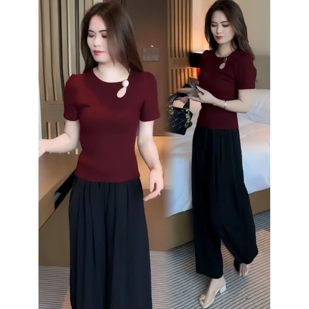 时尚短袖T恤女2025夏季新款洋气修身显瘦遮肚设计感镂空气质上衣