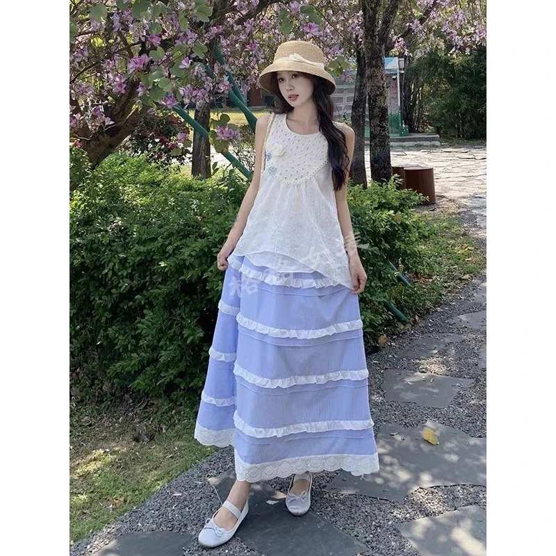 K72温柔度假连衣裙套装仙女夏季新款学生宽松不规则背心两件套