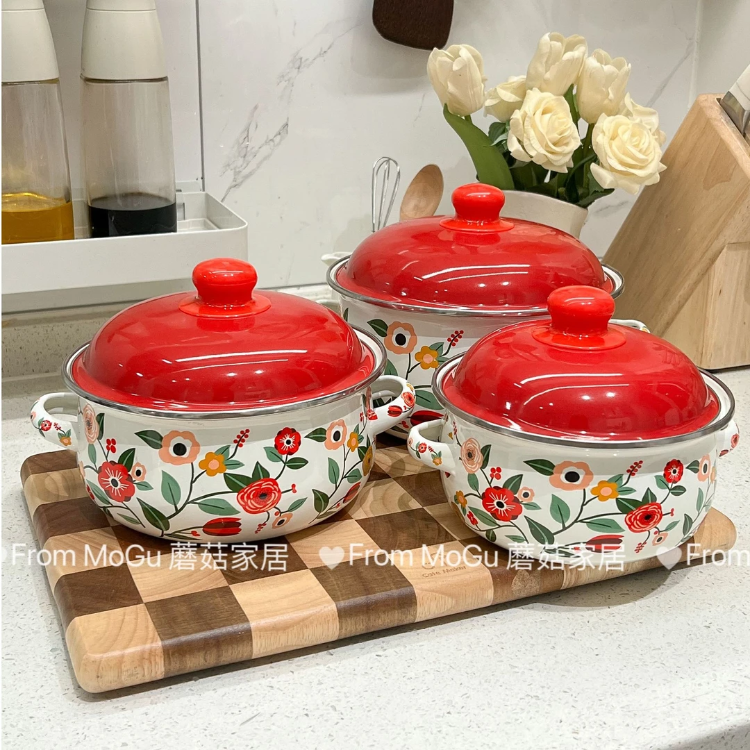 蘑菇家居小红花珐琅搪瓷锅加厚珐琅锅汤锅奶锅宝宝辅食锅泡面加热
