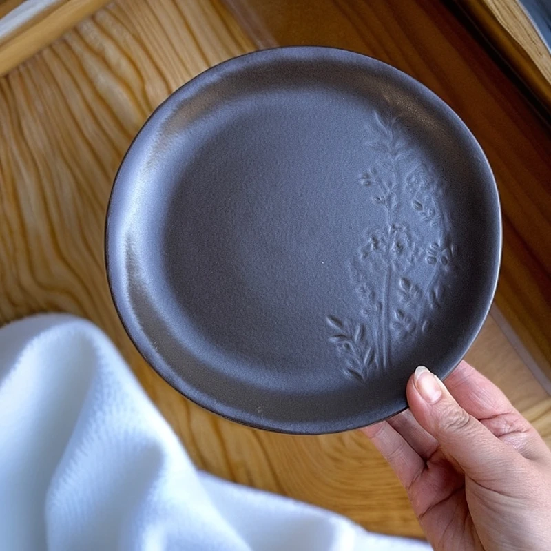 浅盘子【2个装】正品复古家用陶瓷亚光粗陶黑棕色内雕工艺茶道3234