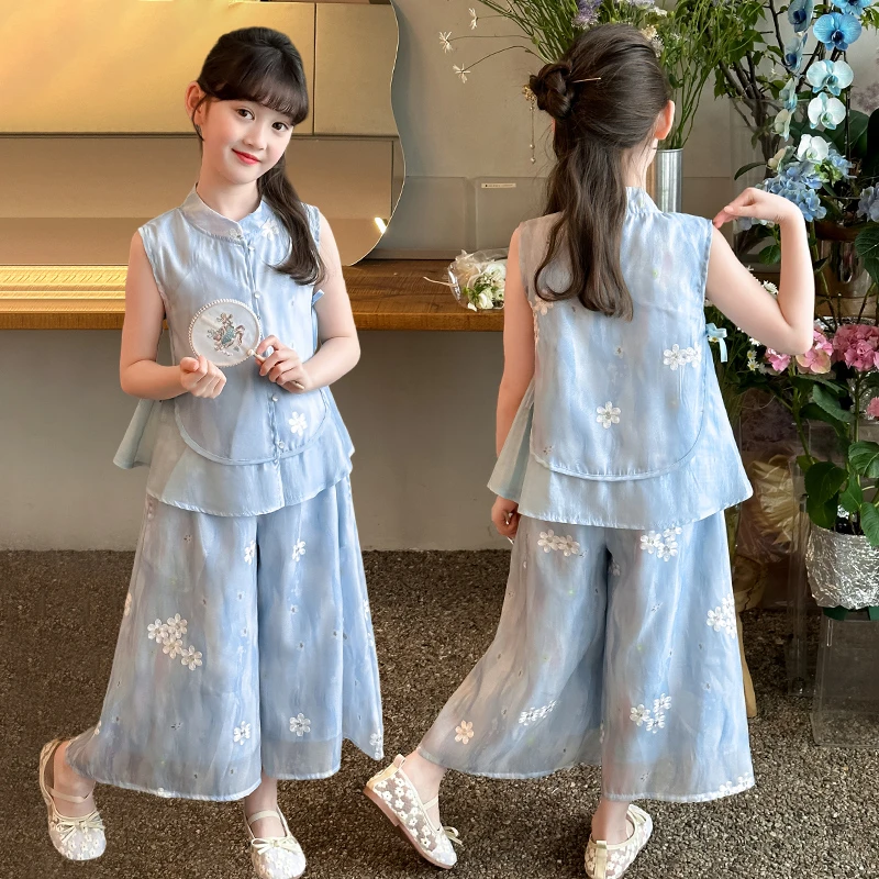 女童汉服套装2025夏季新款绣花无袖上衣阔腿裤新中式国风两件套潮