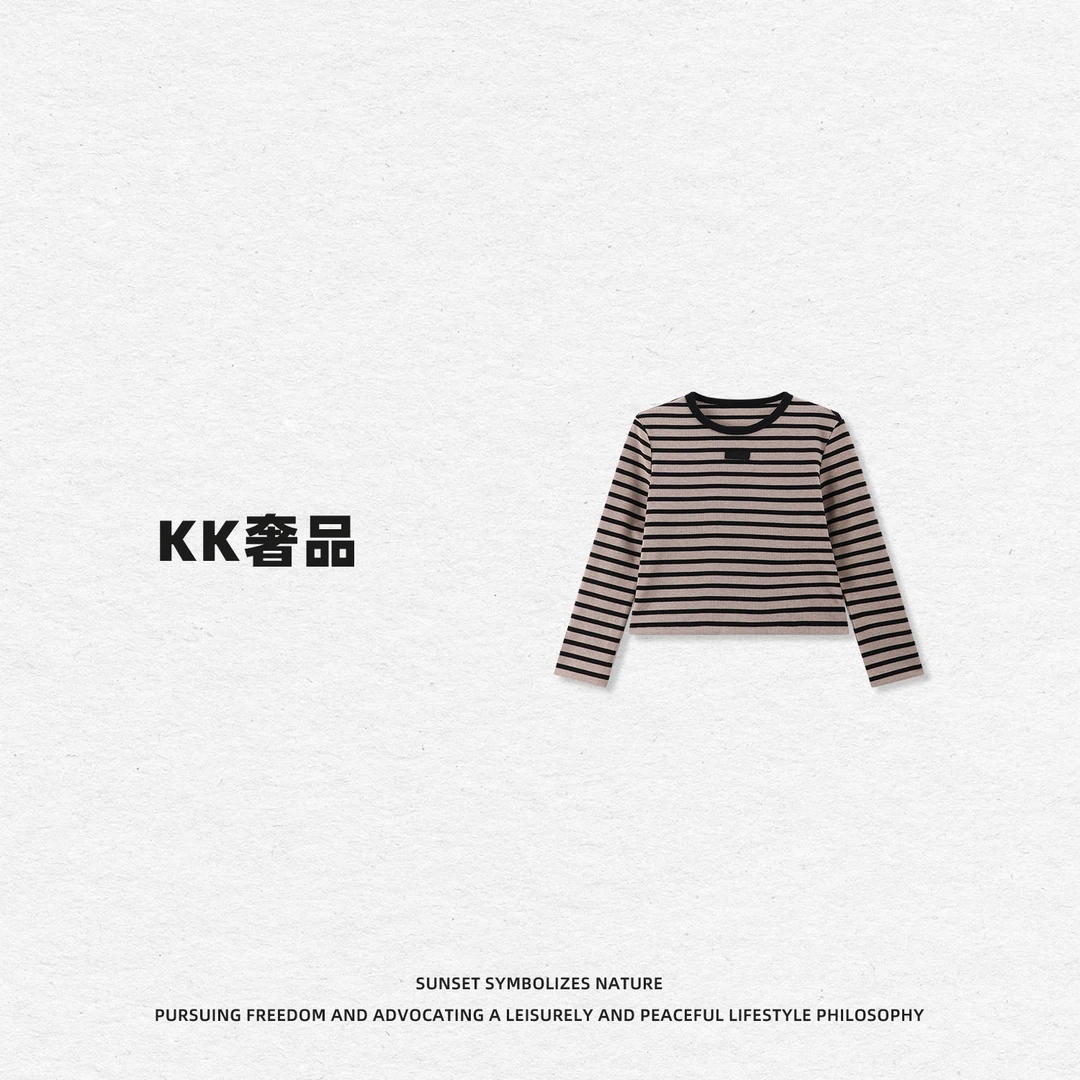 KK【复古甜心】2520504刺绣撞色条纹正肩修身短款针织上衣