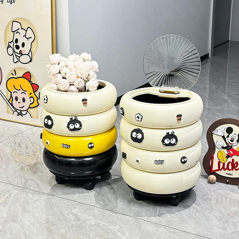 甜甜圈垃圾桶家用客厅带滑轮轻奢高档带盖高颜值厨房可移动纸篓