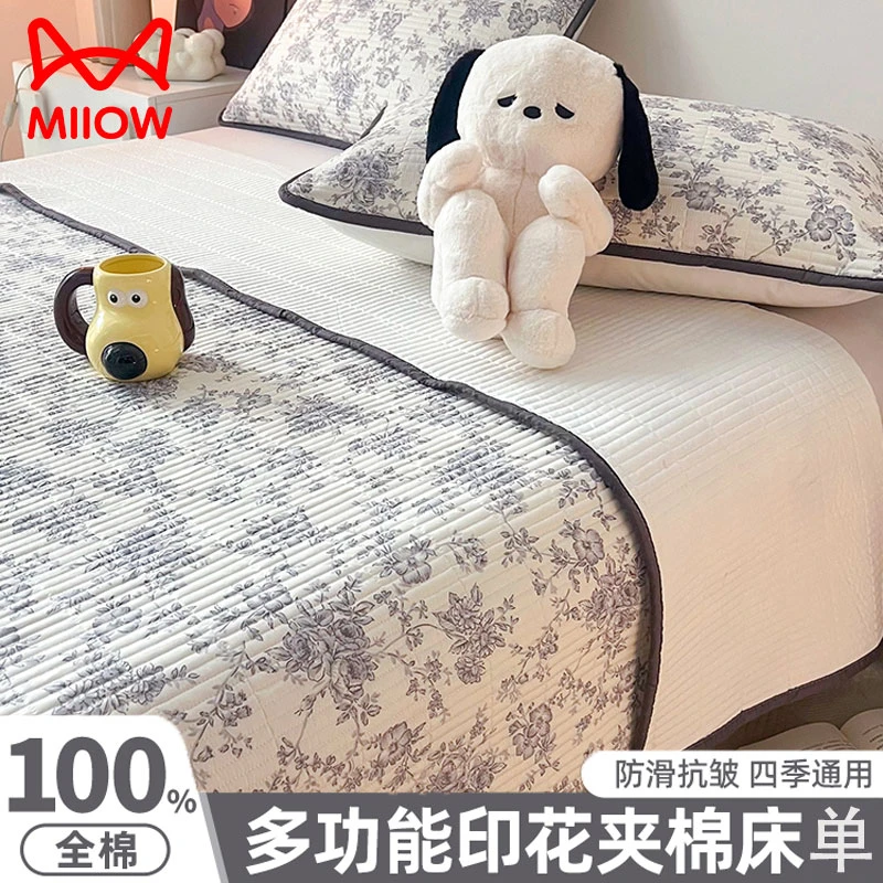 猫人四季通用纯棉防滑床单单件加厚夹棉全棉榻榻米床单新款套件3