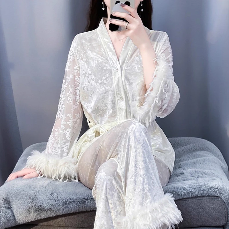 tpvl2025新款金钻绒毛边睡衣女秋冬季家居服套装V领可外穿高级感