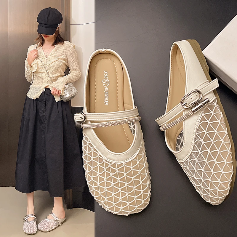 平底网面包头半拖鞋女夏外穿2025新款一脚蹬单鞋渔网镂空网纱凉拖