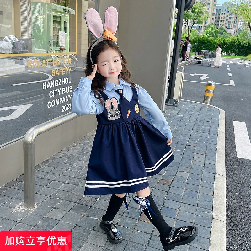 女童春秋连衣裙洋气春季朱迪兔子警官儿童衣服女孩春装学院风裙子