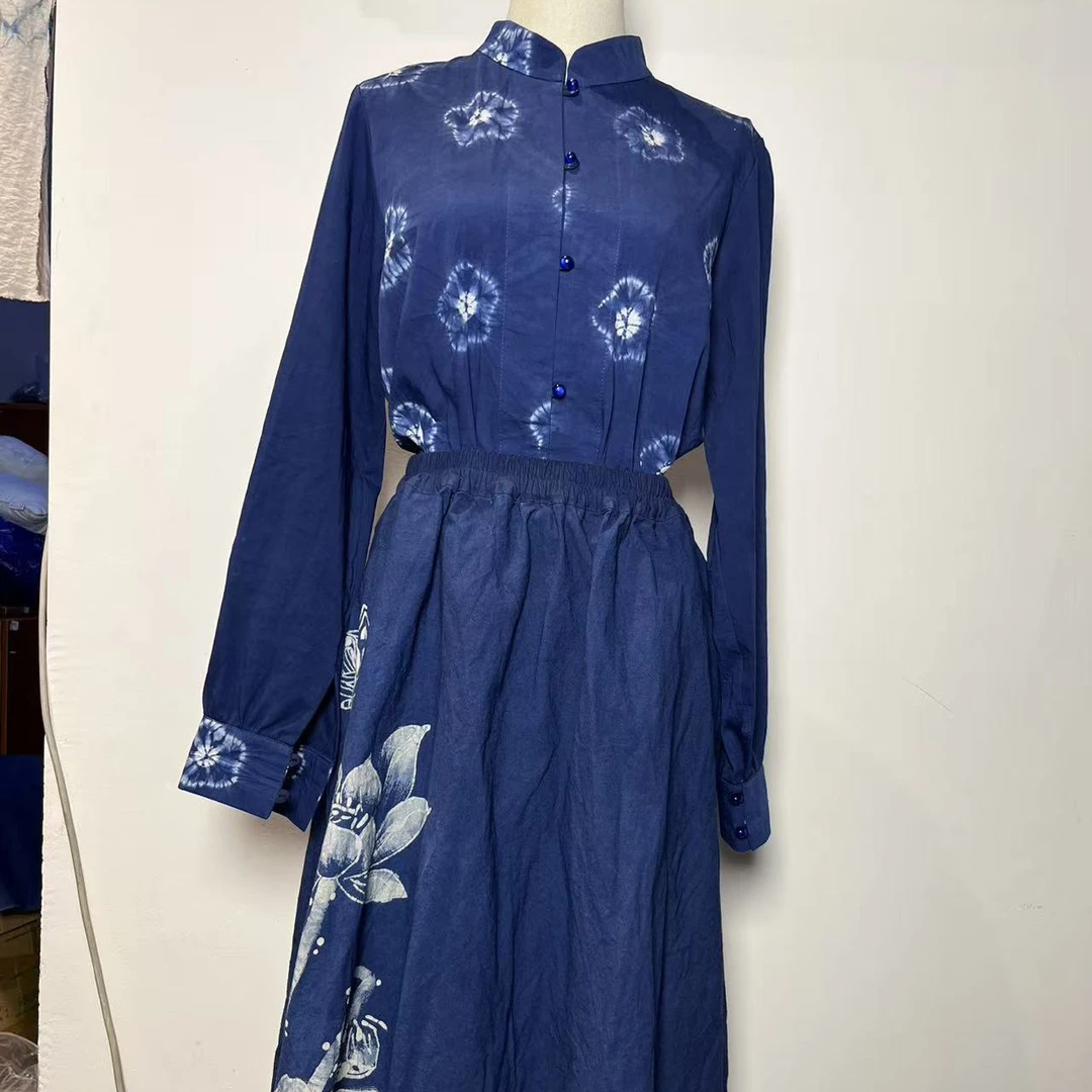 蓼蓝之恋原创新款套装裙子蜡染扎染非遗手工时尚上衣半裙套装气质