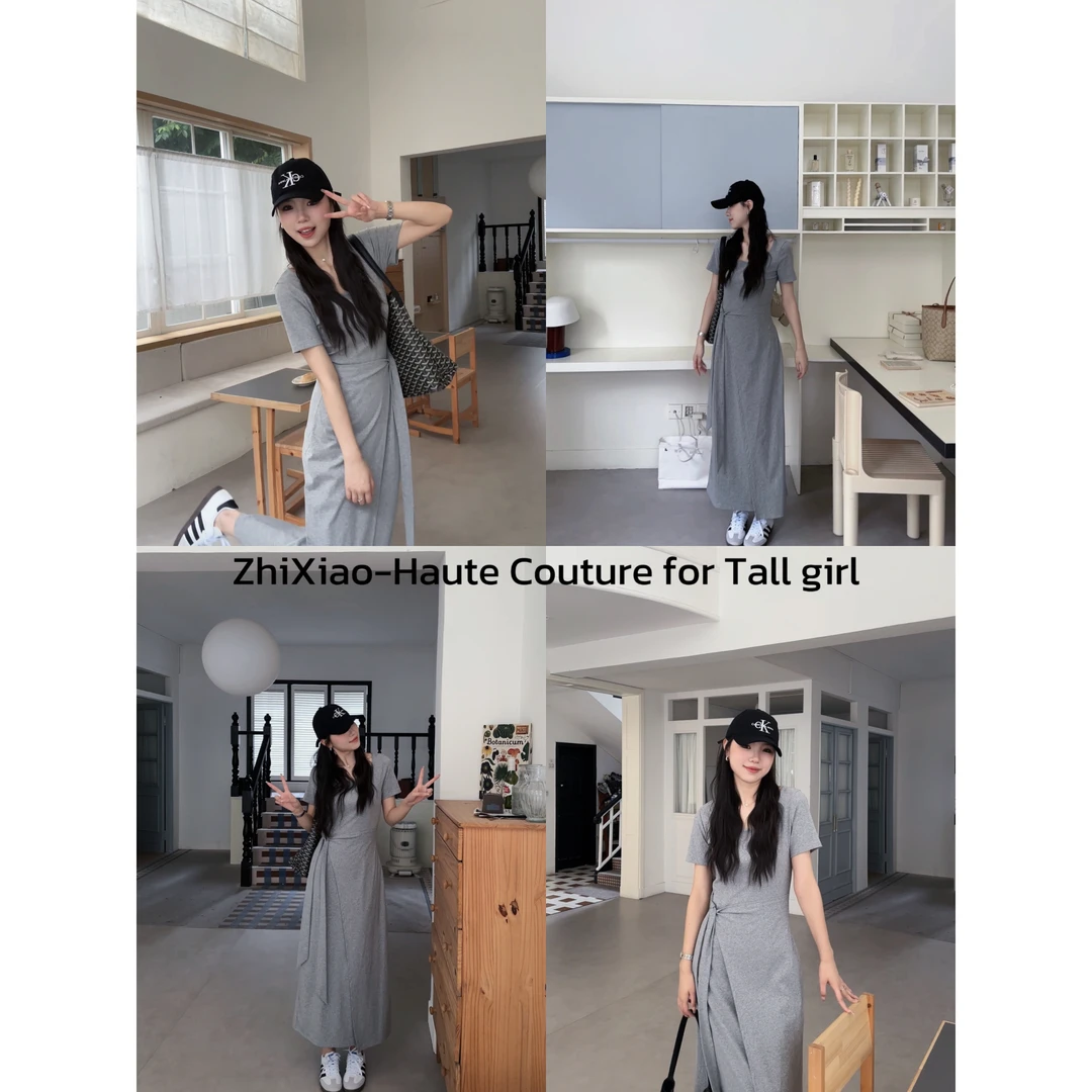 48h 懒人天菜/加长扭结绑带U领针织气质显瘦长款t恤裙女 SU209