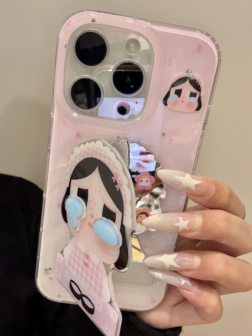 ins粉格纹裙子哭娃适用苹果16Pro大孔手机壳vivo华为oppo小米防摔