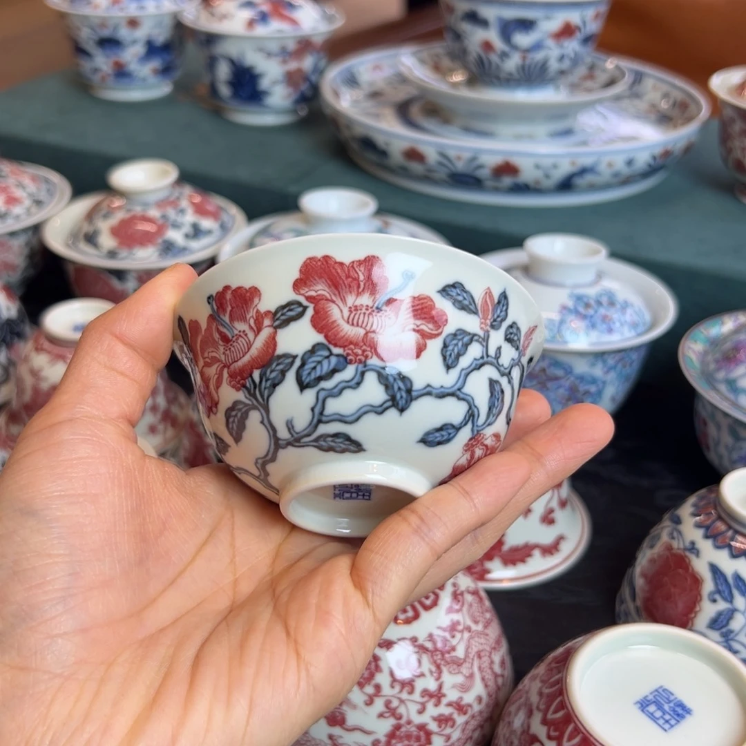 H青红山茶花撇口杯 新品