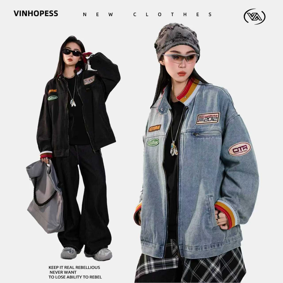 秋季新款美式复古嘻哈风撞色拼接贴布立领牛仔外套男女同款JK8945