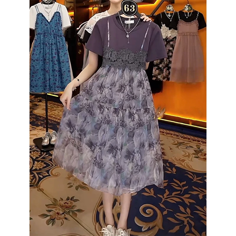 假两件撞色圆领连衣裙女2025夏季新款法式设计蕾丝拼接短袖中长裙