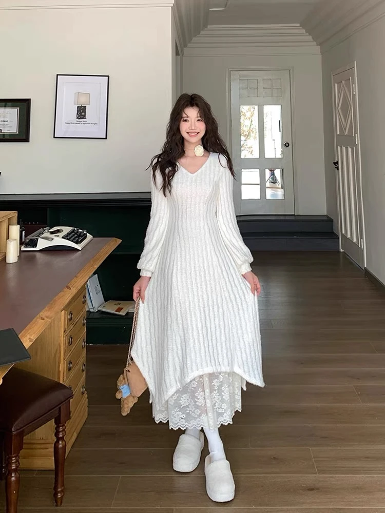 【小个子定制】法式针织连衣裙女早春新款长袖假两件长裙蕾丝裙子