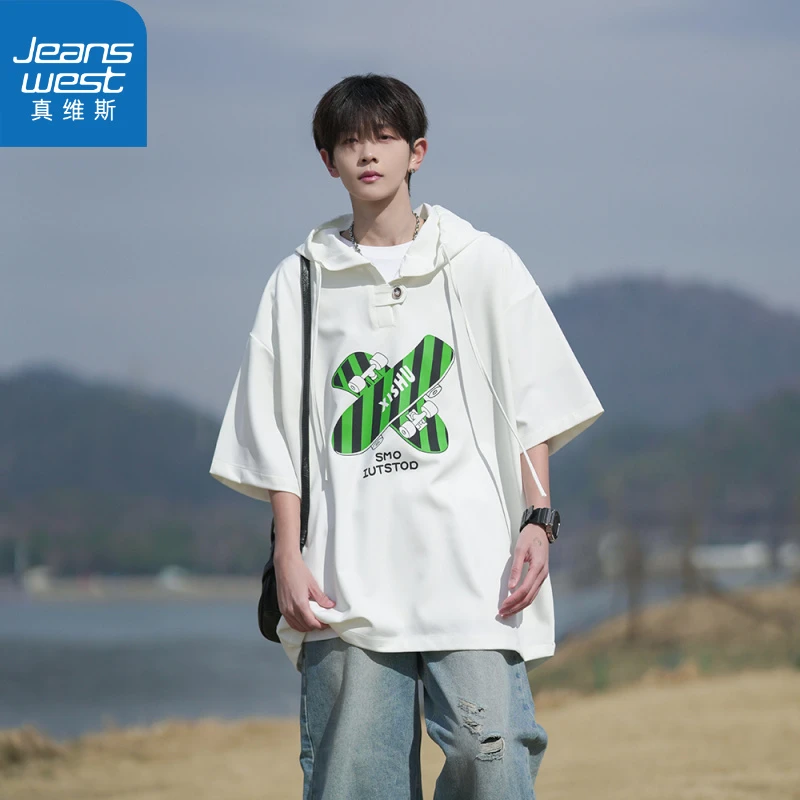真维斯2025新款时尚潮牌青春流行夏季标准日常T恤字母新款男连帽