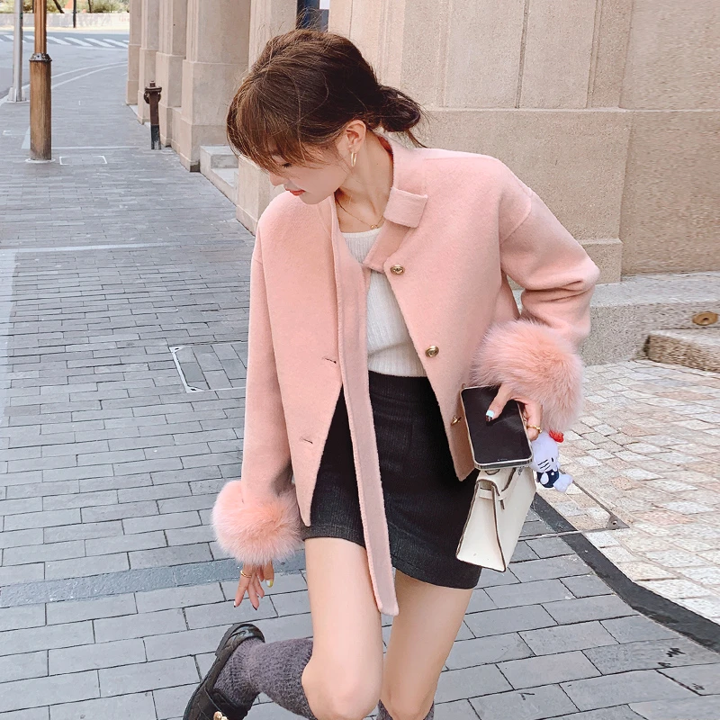 毛呢外套冬季秋冬新款小个子高级短款千金大衣双面上衣粉色狐狸毛