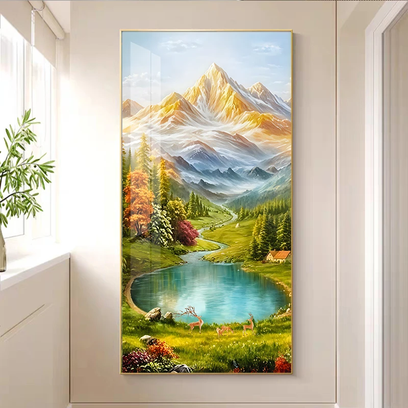 玄关日照金山挂画入户正对门高级装饰画走廊过道客厅镶钻山水画