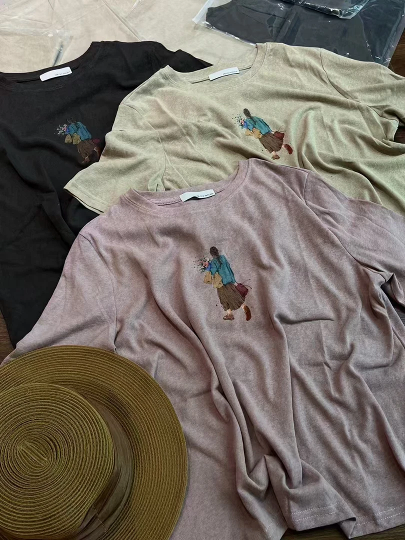 印花圆领卡通长袖纯色T恤家居服女士套装短袖夏季INS风背心