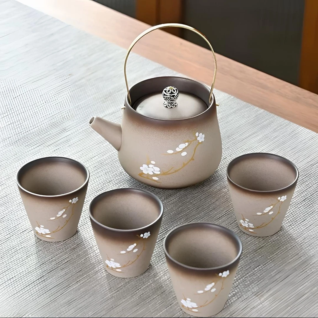 柴烧老陶泥手绘提梁壶带四杯ZHZ269