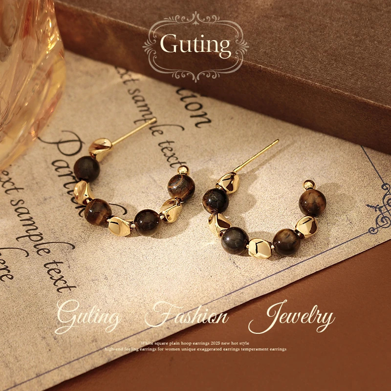 铜合金耳饰 22497咖色美拉德串珠C圈耳环女高级感耳钉精致耳饰