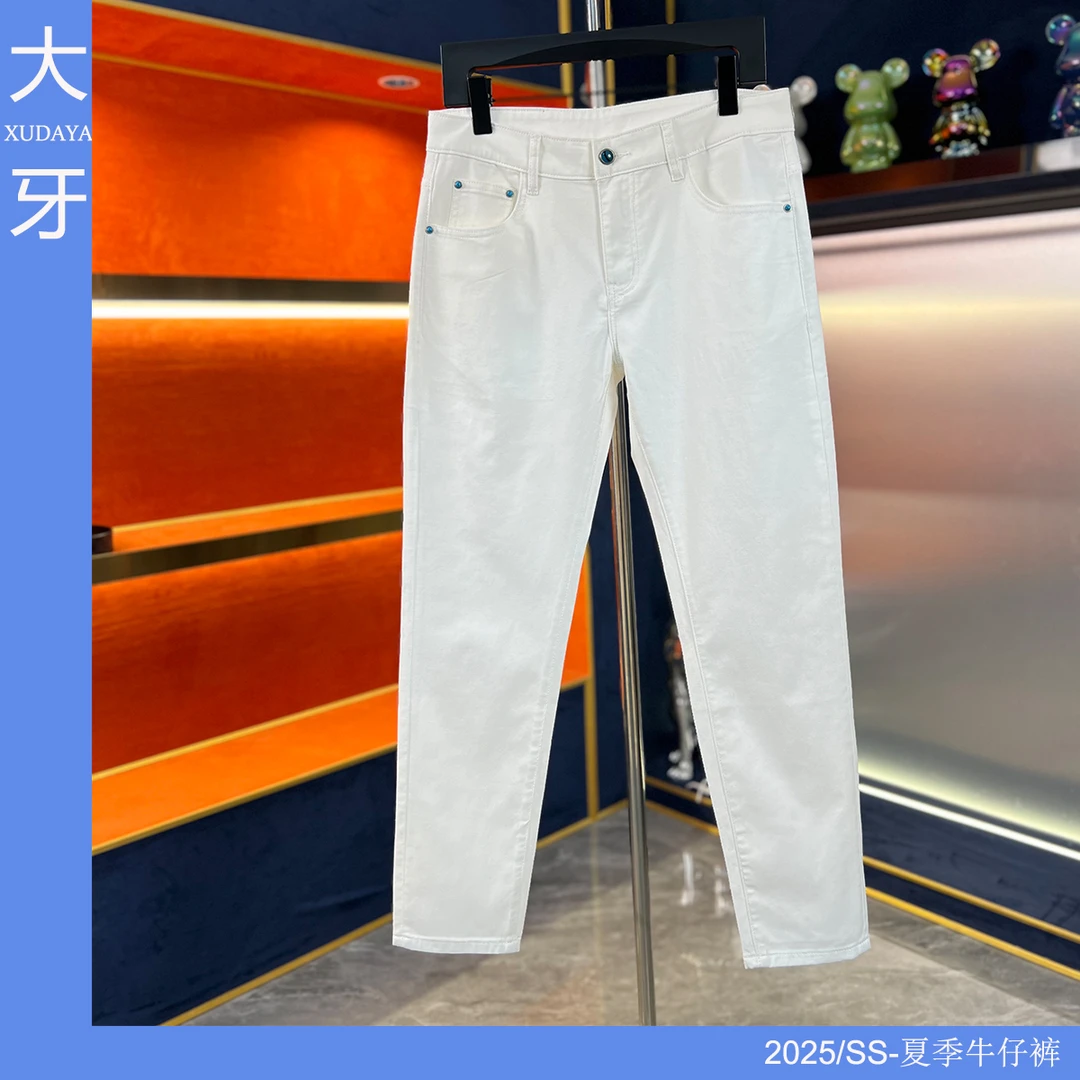 【大牙断码福利】白色九分牛仔裤2025夏季男时尚轻奢弹力修身小直筒