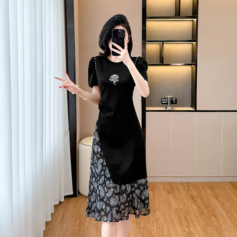 高级感碎花雪纺泡泡袖连衣裙拼接黑色圆领2025夏季气质显瘦裙子