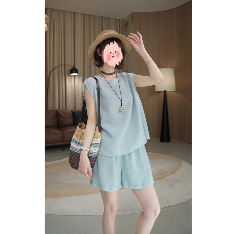 2025夏季新款时尚气质韩系休闲蓝色圆领无袖上衣蓝色短裤二件套女