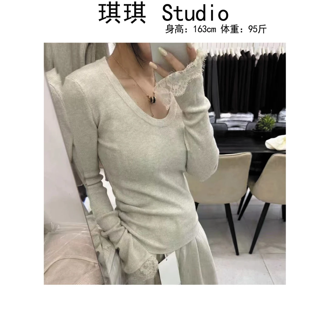 《琪琪家》秋季新款设计感袖口拼接蕾丝花边舒适亲肤针织上衣-M