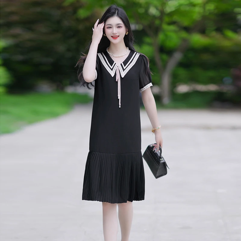 夏季显瘦气质连衣裙大码黑色中长裙时尚百搭洋气减龄遮肚裙子