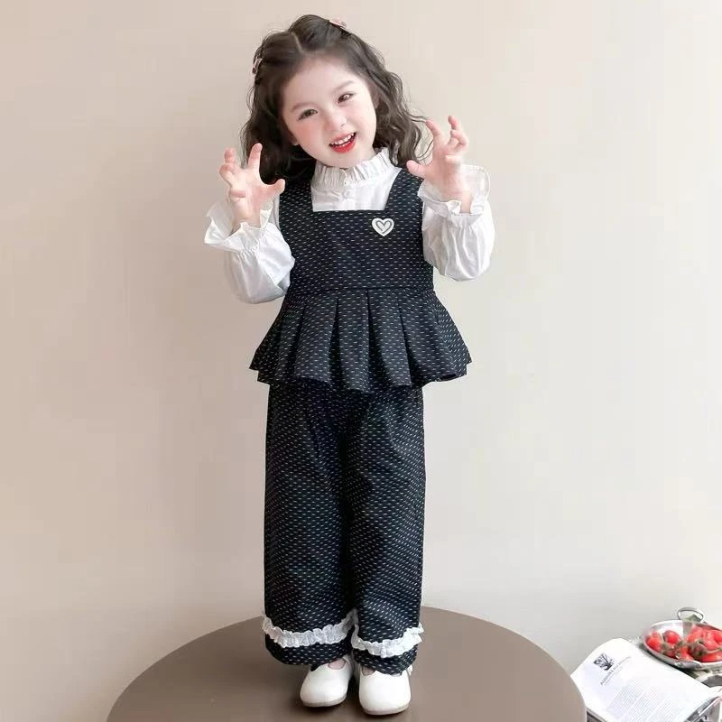 儿童春秋装女童套装2025新款春款洋气女宝花边马甲裙喇叭裤三件套