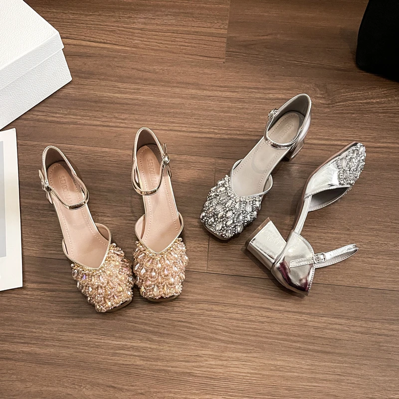 百搭仙女风水钻粗跟5cm中空单鞋包头凉鞋女夏外穿新款法式小香风