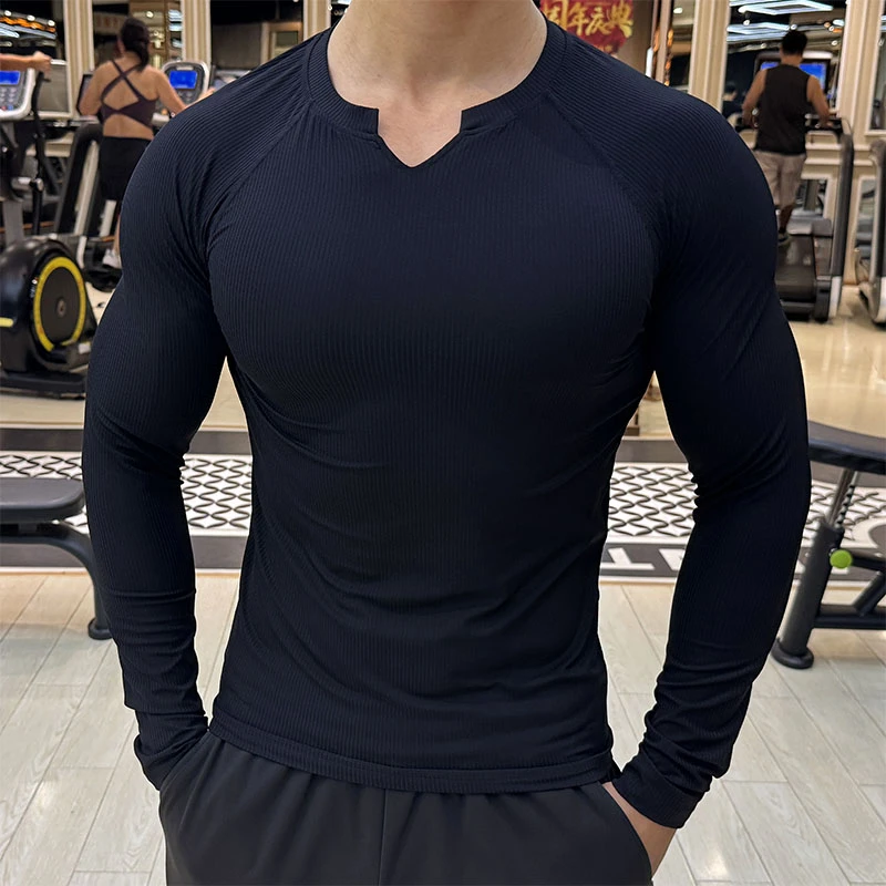 运动长袖T恤男质感条纹纯色V领紧身衣秋冬季弹力跑步健身服打底衫