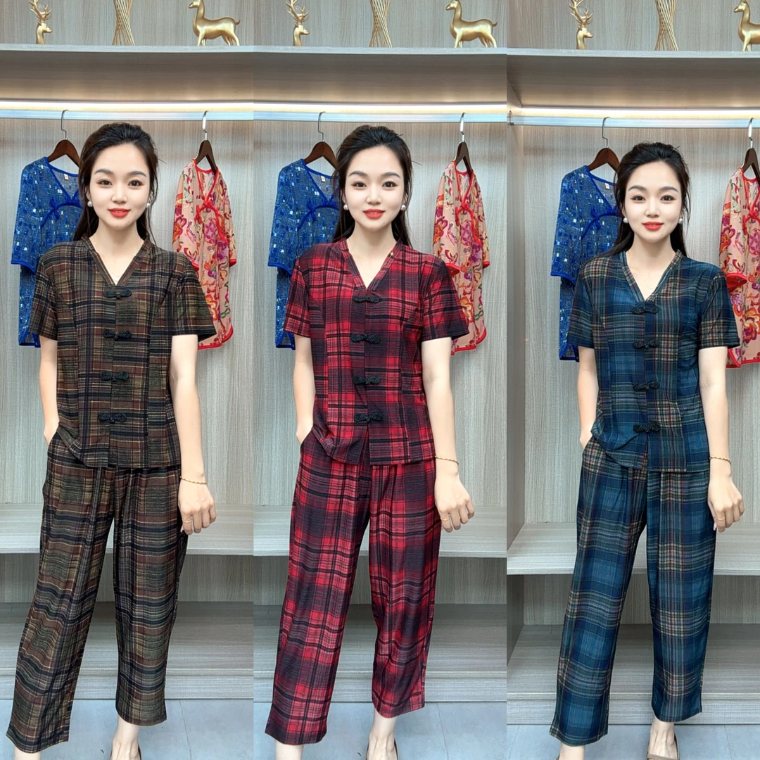 【伊】V领格子气质款宽松网红百搭短袖上衣＋高腰八分裤两件套装