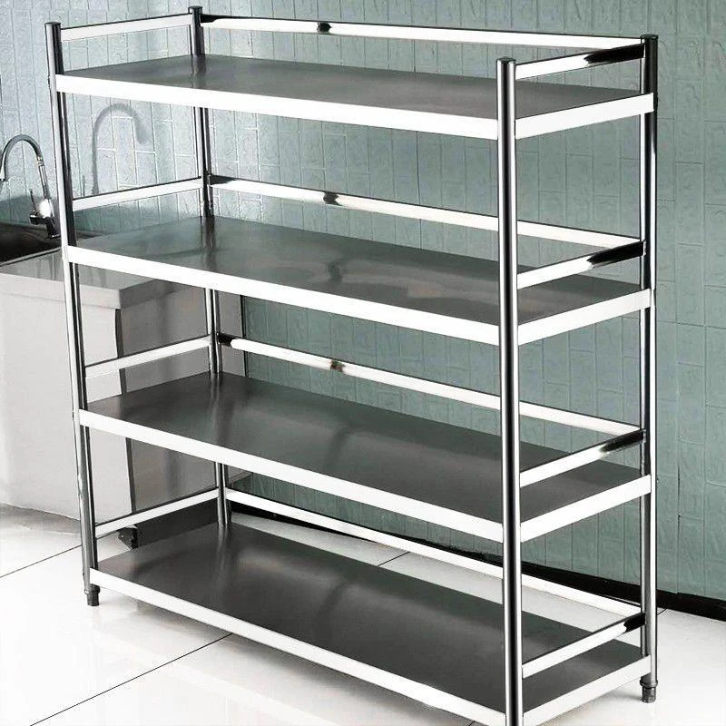不锈钢厨房货架置物架4层加厚储物架酒店厨具收纳微波炉架带护栏