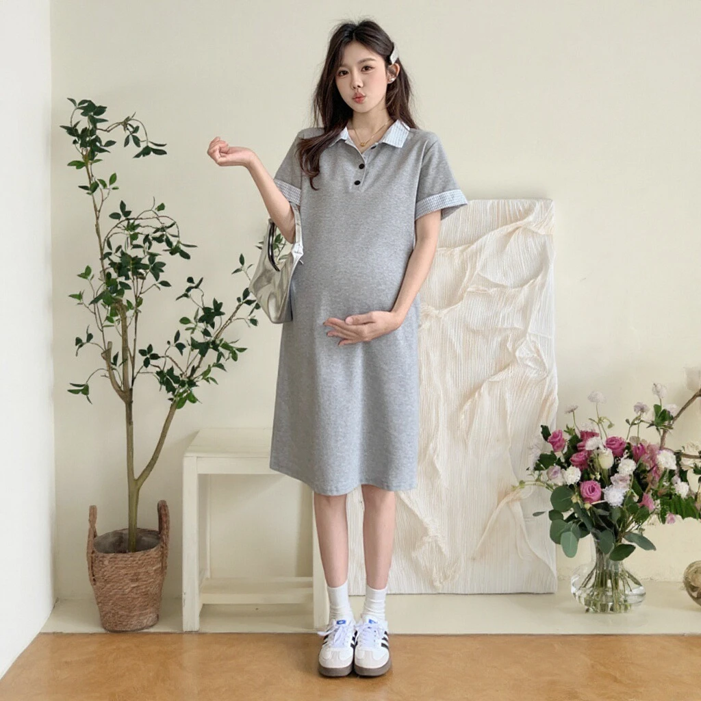 孕妇装2025新款设计感拼接连衣裙夏季韩版显瘦假两件Polo领孕妇裙